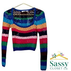 Zara Blue Green Colorblock Cropped Sweater Crew Neck Women’s S EUC